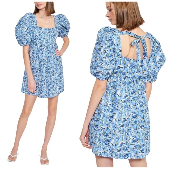 Jacqui E Dresses & Skirts - Jacquie The Label Watercolor Floral Print Puff Sleeve Tie Back Babydoll Dress